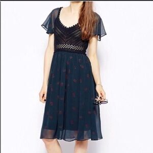 Free People Red and Blue Ruffled Tiered Midi Dress